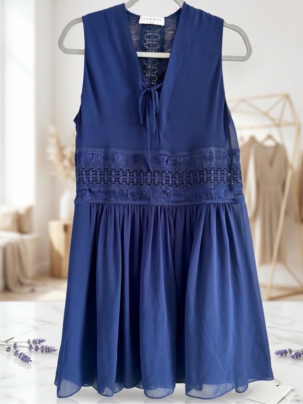 Sandro Navy Blue Sleeveless Lace-Trim Mini Dress